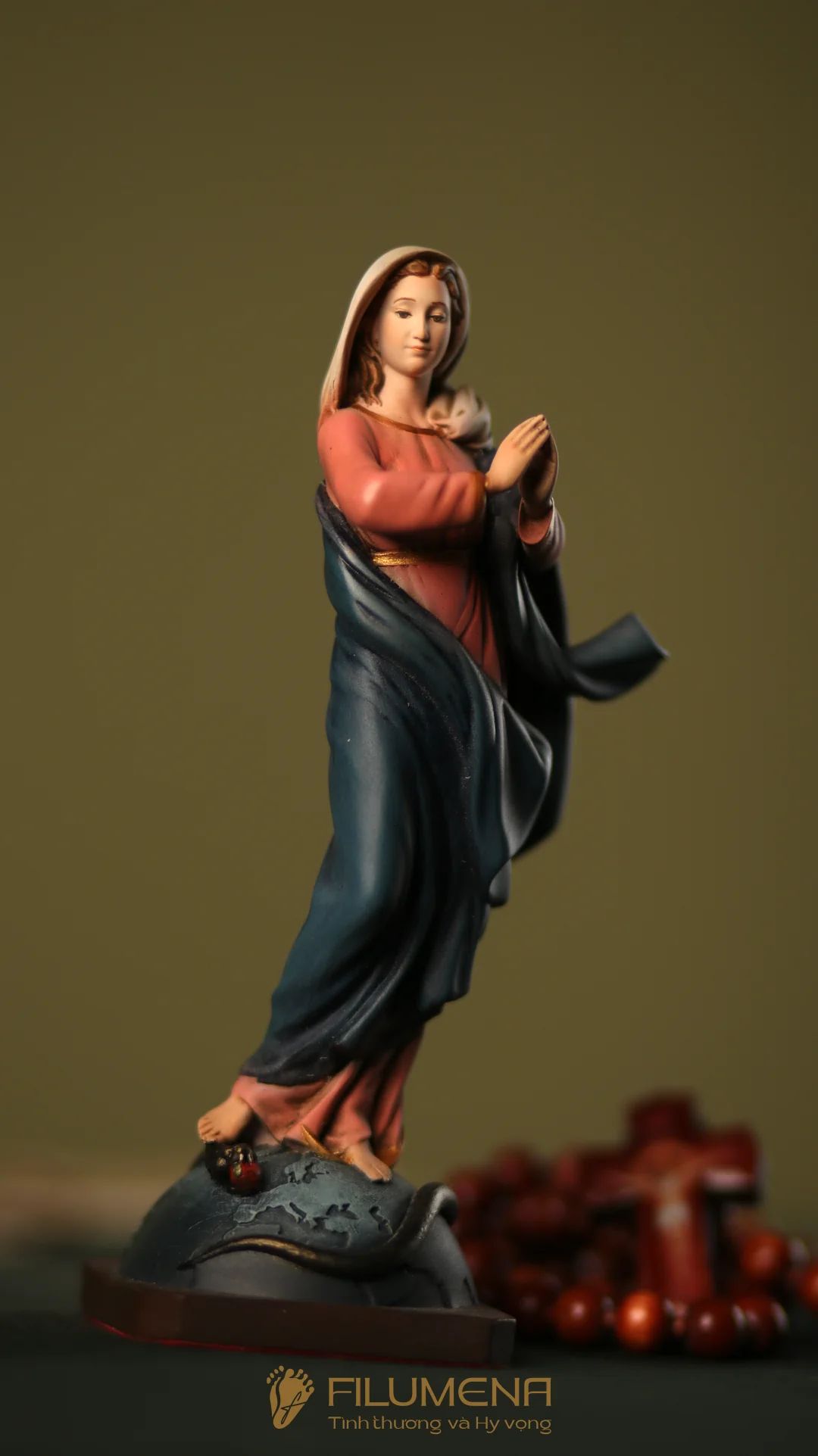 Tượng Đức Mẹ Vô Nhiễm Nguyên Tội cao 15 cm, 20 cm màu cổ điển xanh-hồng mã màu M2