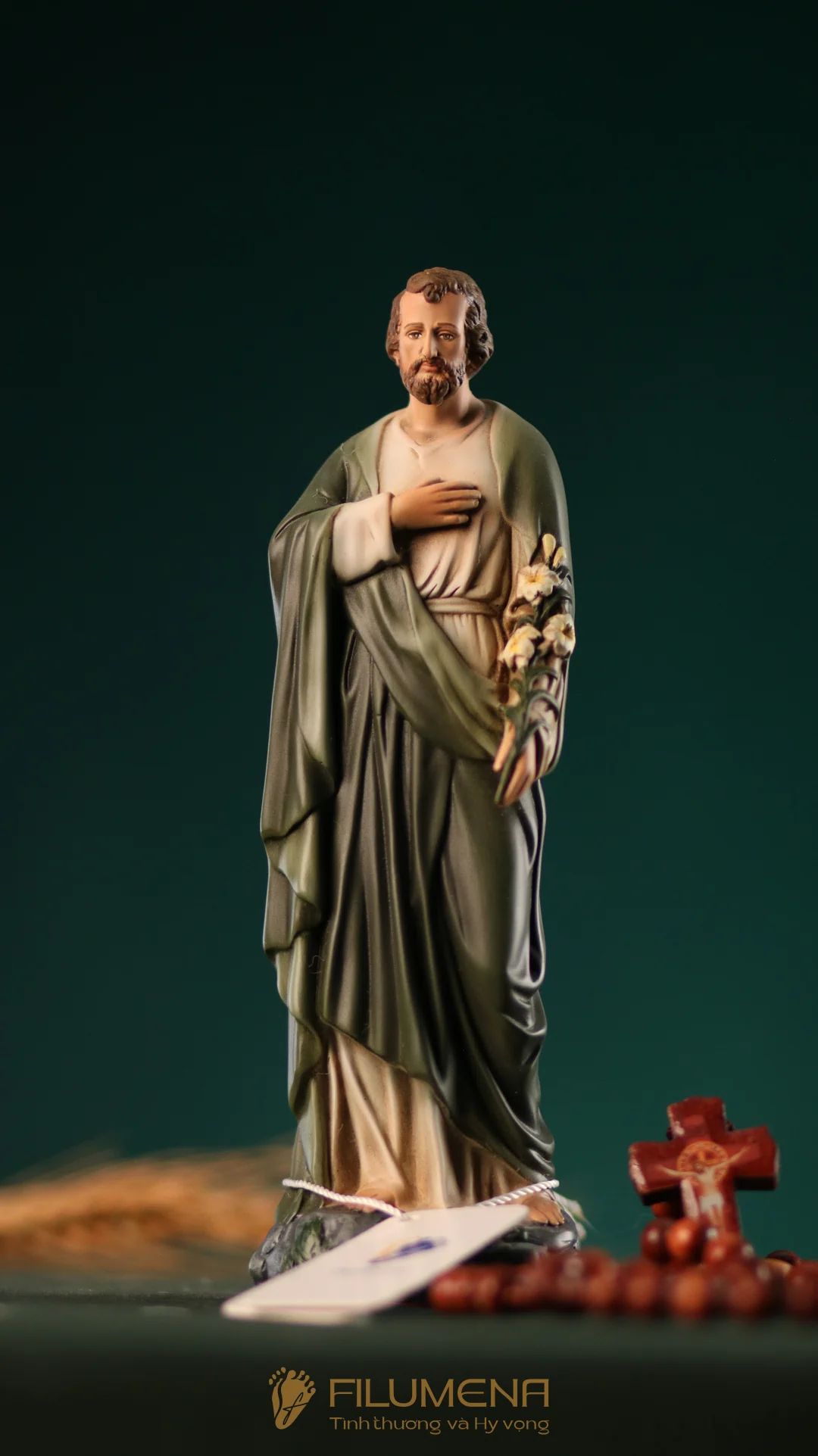 Tượng Thánh Giuse Hoa Huệ 15 cm, 20 cm màu xanh ô-liu M2
