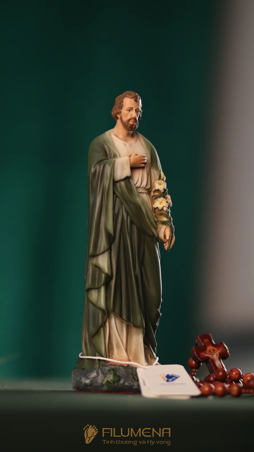 Tượng Thánh Giuse Hoa Huệ 15 cm, 20 cm màu xanh ô-liu M2