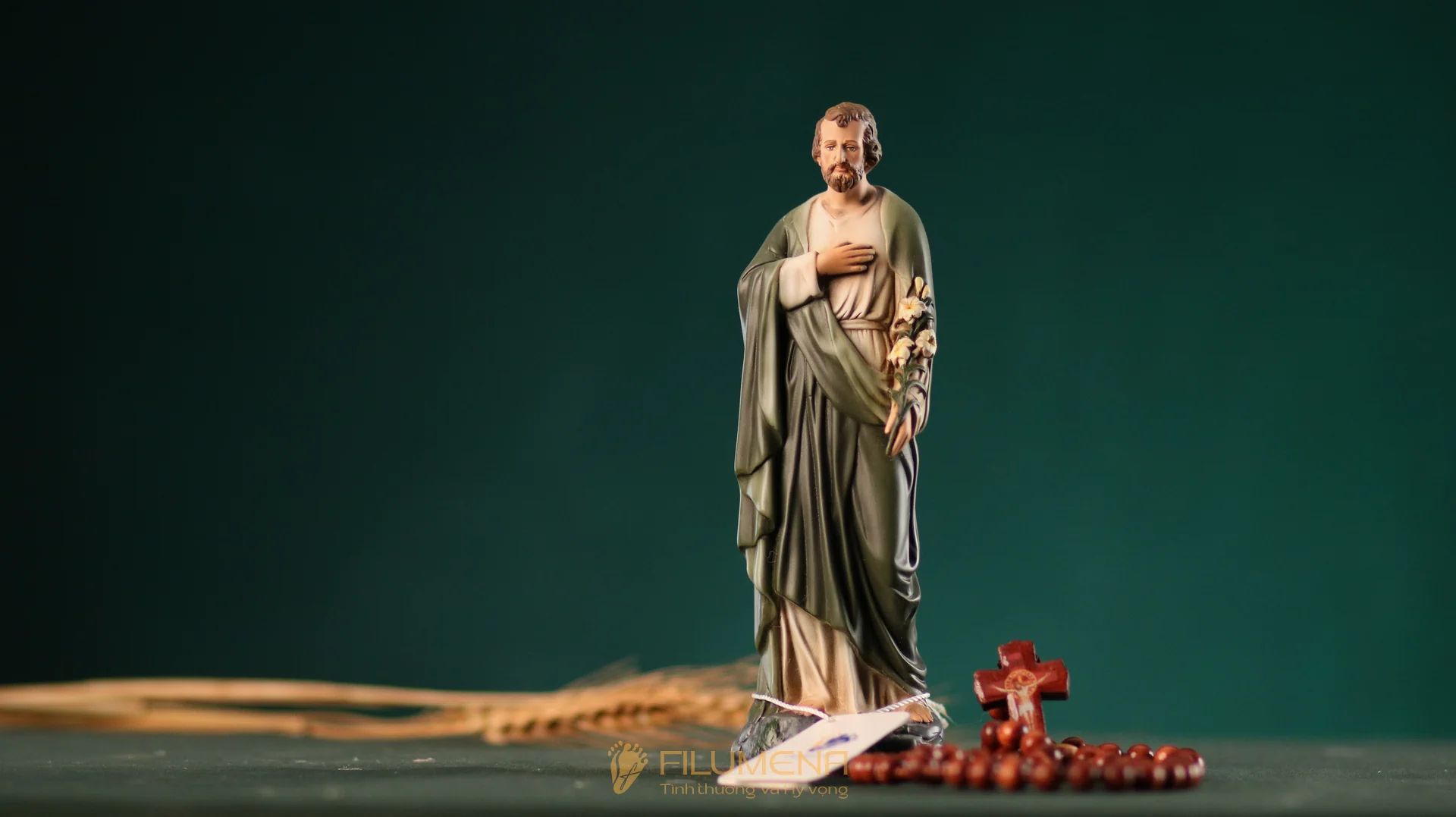 Tượng Thánh Giuse Hoa Huệ 15 cm, 20 cm màu xanh ô-liu M2
