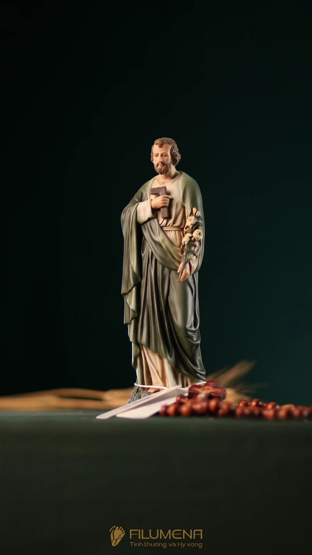 Tượng Thánh Giuse Thợ 15 cm, 20 cm màu xanh ô-liu M2