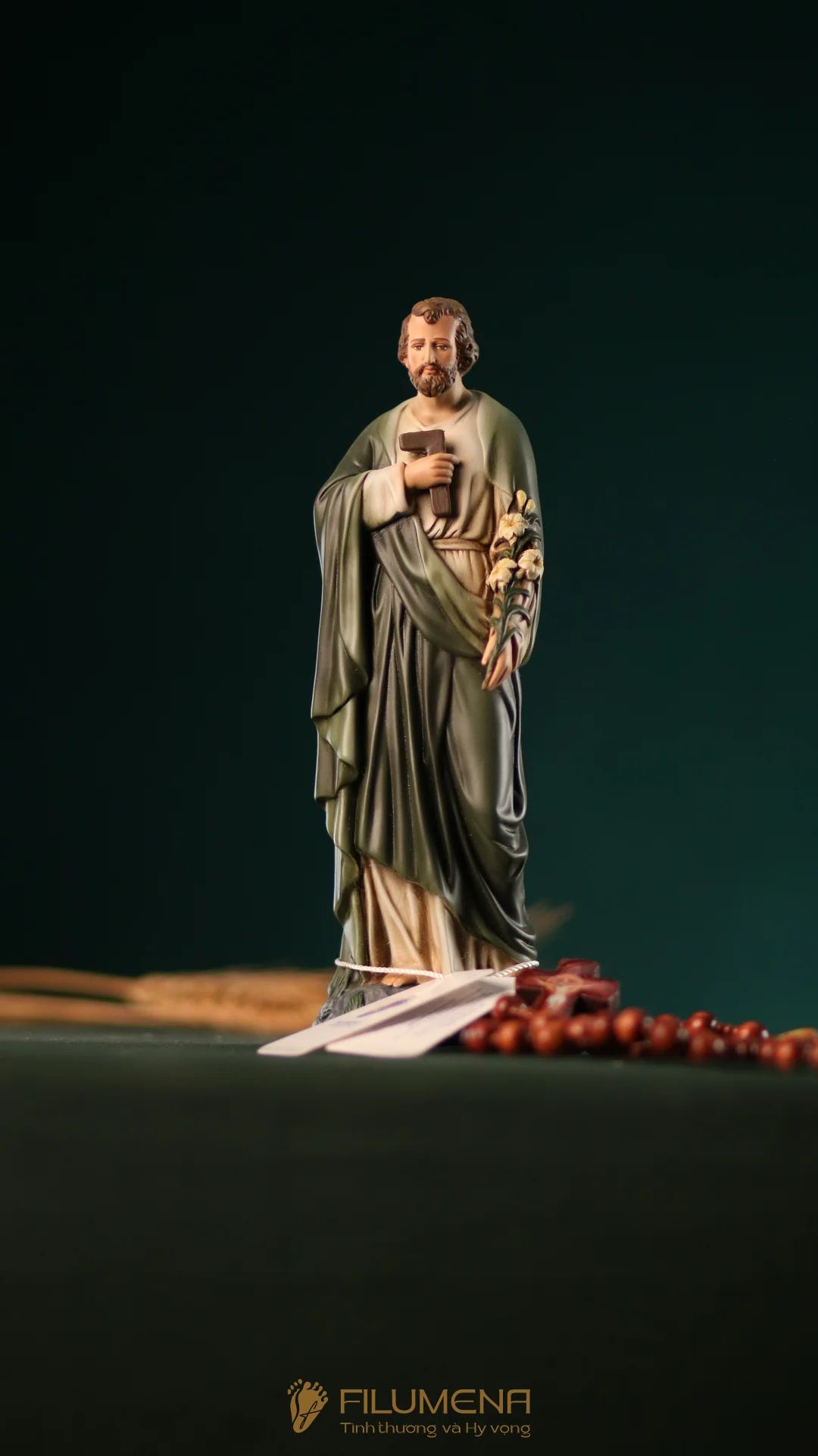 Tượng Thánh Giuse Thợ 15 cm, 20 cm màu xanh ô-liu M2