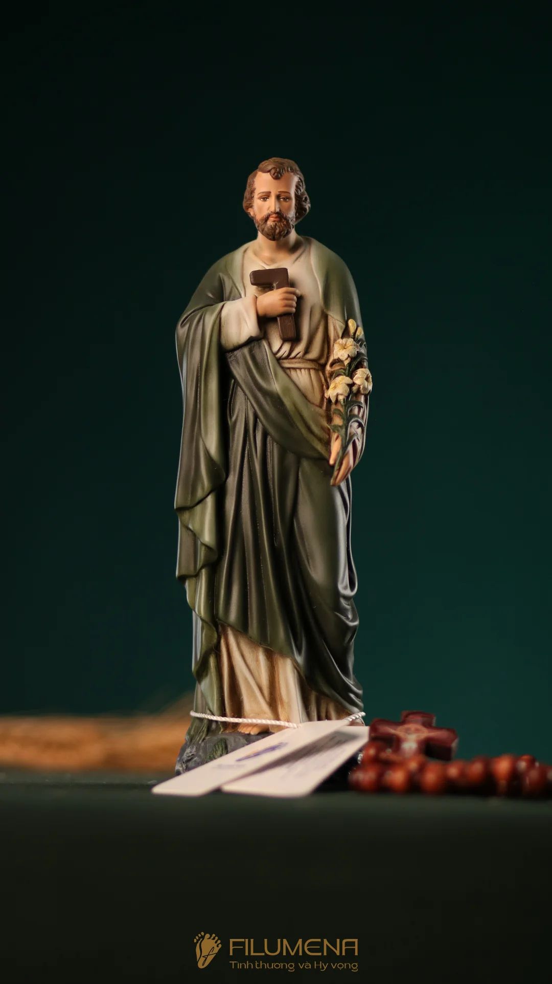 Tượng Thánh Giuse Thợ 15 cm, 20 cm màu xanh ô-liu M2
